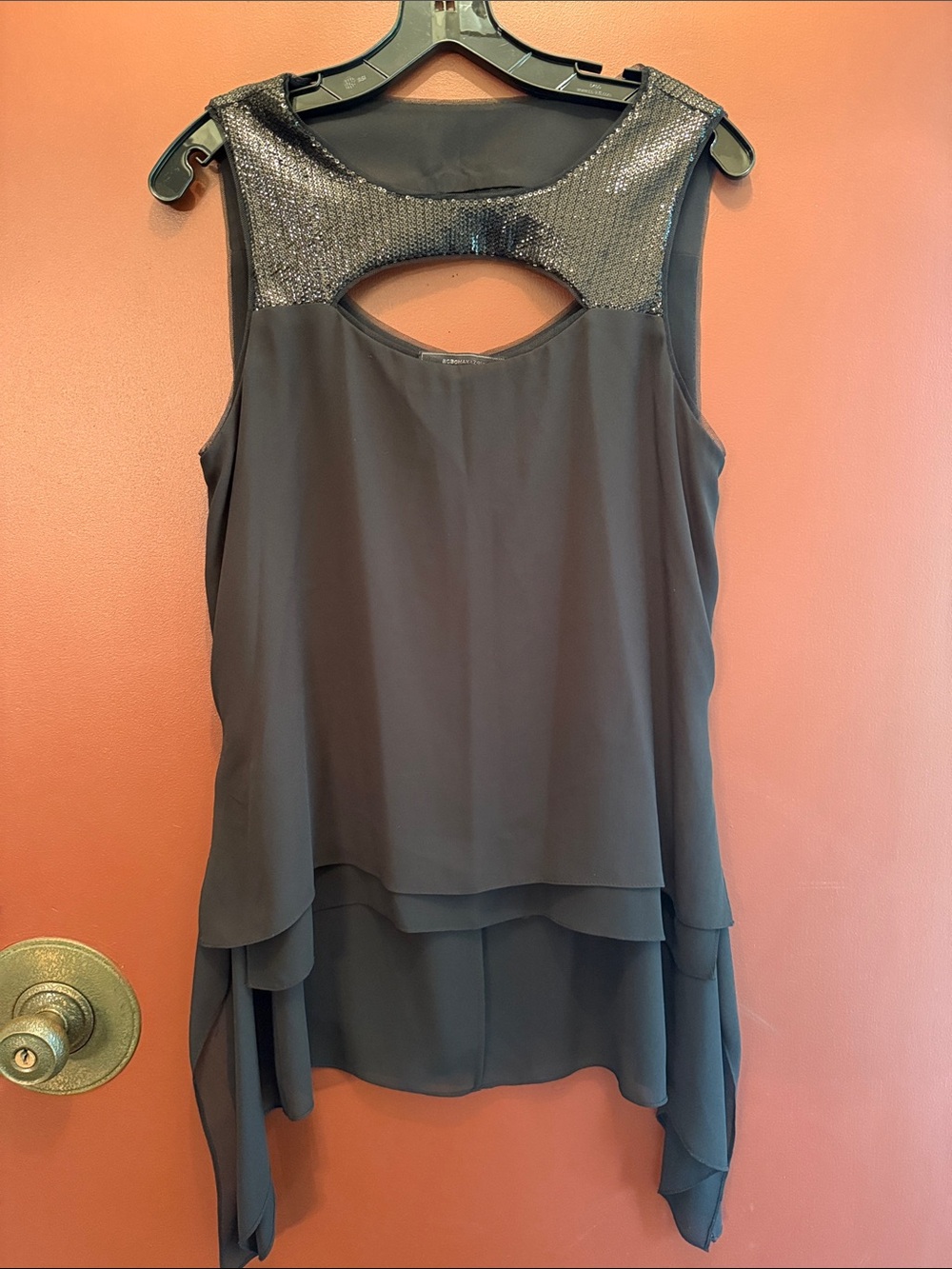 BCBG Max Azria Women’s Black Sleeveless Chiffon Top with Sequin Yoke